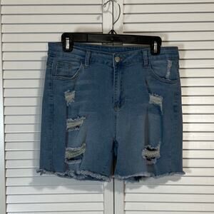 Preppy Retro Distressed Blue Denim Jean Frayed Raw Hem Shorts XL